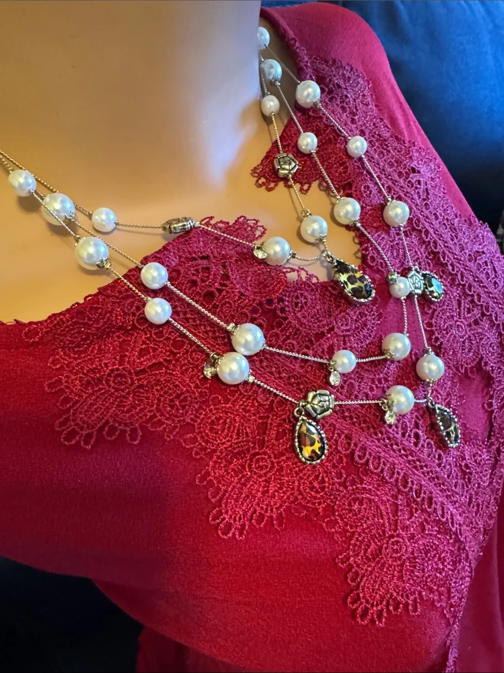 Betsey Johnson silver tone 3 strand necklace w/faux pearls, charms & rhinestones